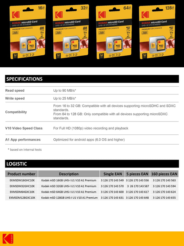 KODAK microSD 32GB Premium Performance (Class 10 UHS-I U1 V10 A1)